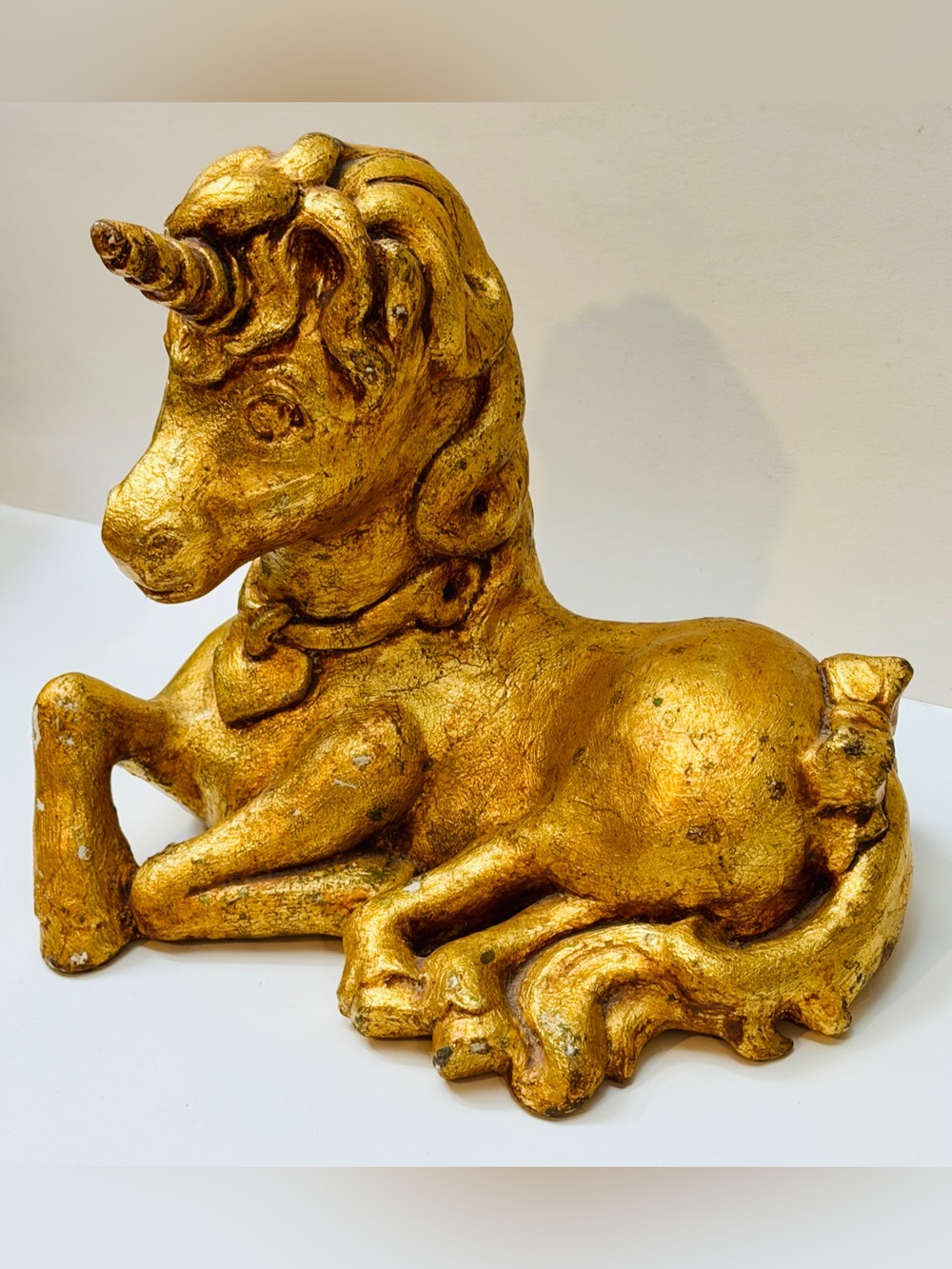 Vintage 1980 Carol Rardon Signed Gold Chalkware Unicorn Statue Figurine 8"